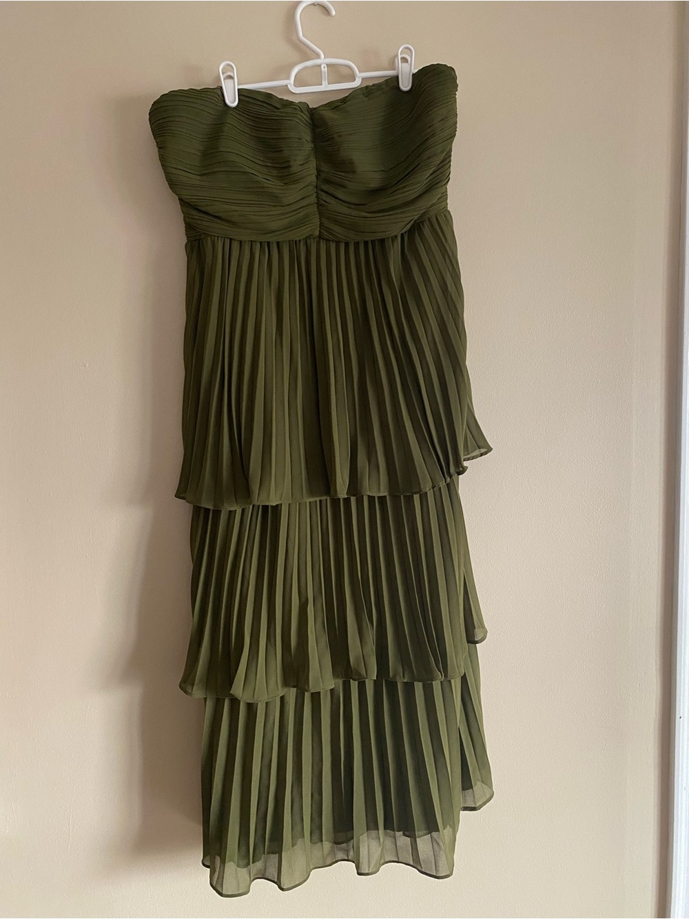Olive Green Strapless Pleated Tiered Dress